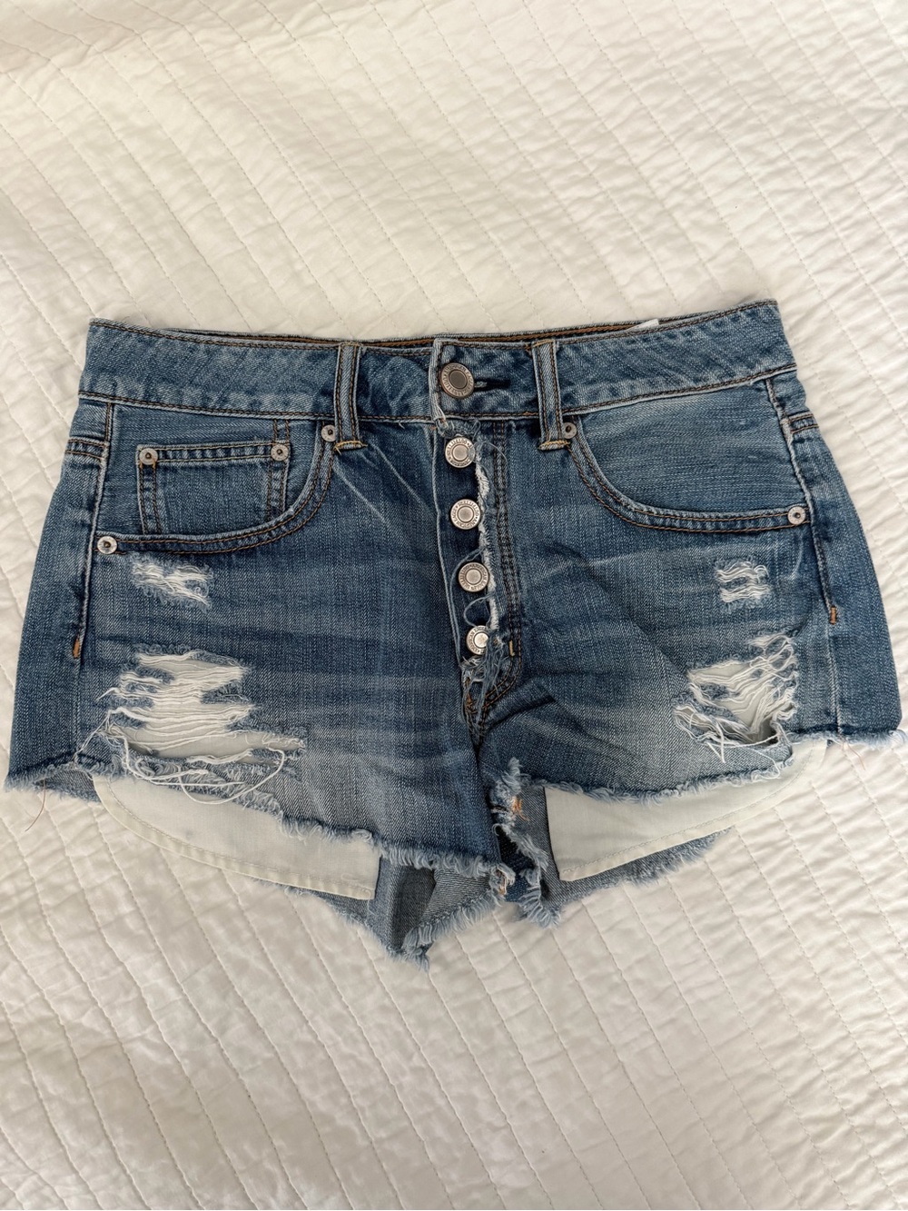 American Eagle Outfitters Distressed Blue Button-Fly Denim Shorts